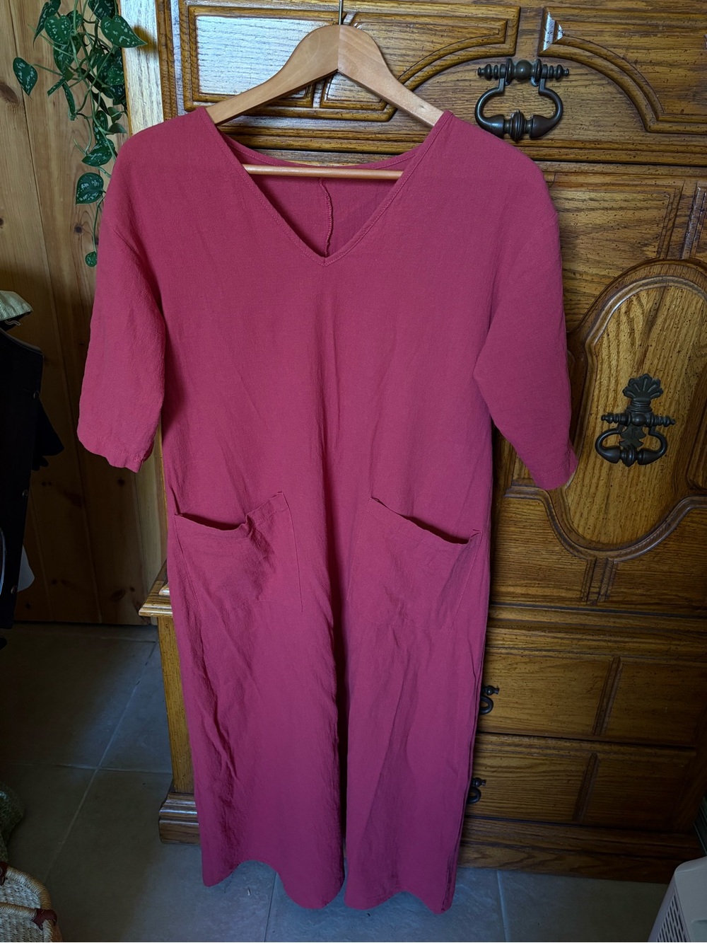 100% linen red/terracotta V-Neck Pocket Dress - Rose Red